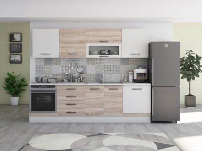 Bucatarie Alfa 260, cu vitrina, sonoma/alb, blat termic alb - imagine 2