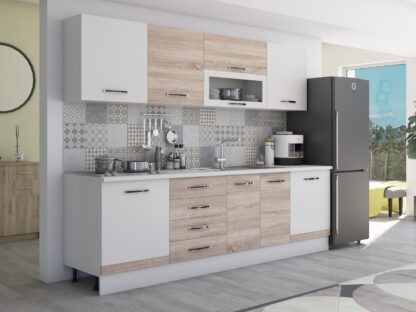 Bucatarie Alfa 260, cu vitrina, sonoma/alb, blat termic alb - imagine 3