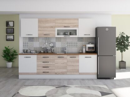 Bucatarie Alfa 260, cu vitrina, sonoma/alb, blat termic nuc