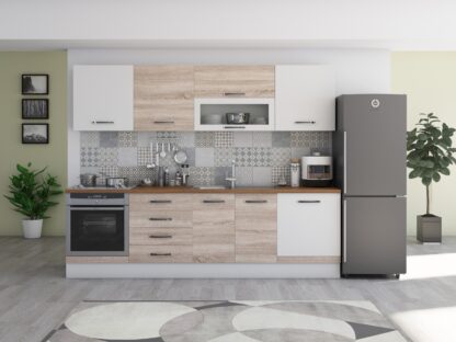 Bucatarie Alfa 260, cu vitrina, sonoma/alb, blat termic nuc - imagine 2