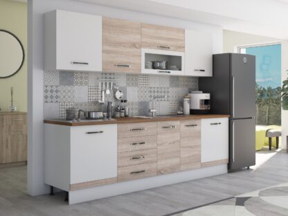 Bucatarie Alfa 260, cu vitrina, sonoma/alb, blat termic nuc - imagine 3