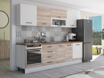 Bucatarie Alfa 260, cu vitrina, sonoma/alb, blat termic nuc - imagine 4