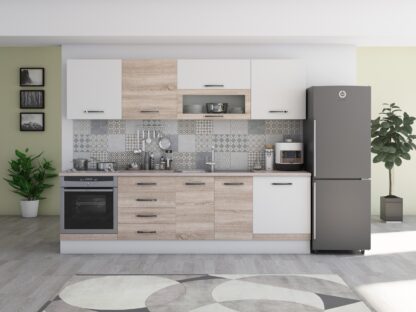 Bucatarie Alfa 260, cu vitrina, sonoma/alb, blat termic travertin - imagine 2