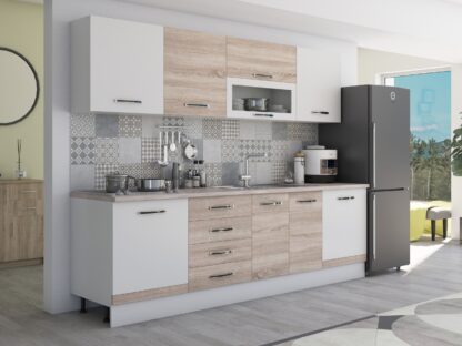 Bucatarie Alfa 260, cu vitrina, sonoma/alb, blat termic travertin - imagine 3