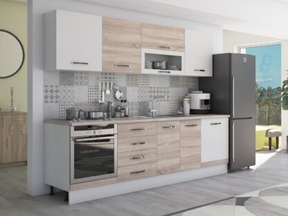 Bucatarie Alfa 260, cu vitrina, sonoma/alb, blat termic travertin - imagine 4
