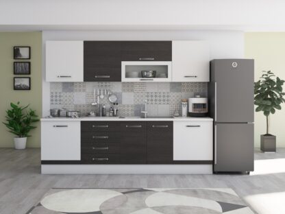 Bucatarie Alfa 260, cu vitrina, wenge/alb, blat termic alb