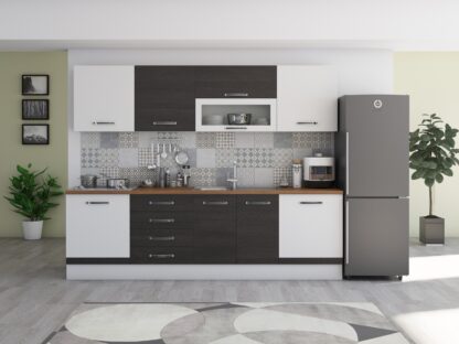Bucatarie Alfa 260, cu vitrina, wenge/alb, blat termic nuc