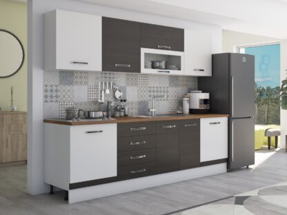 Bucatarie Alfa 260, cu vitrina, wenge/alb, blat termic nuc - imagine 3
