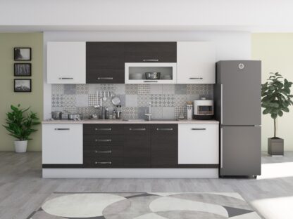 Bucatarie Alfa 260, cu vitrina, wenge/alb, blat termic travertin