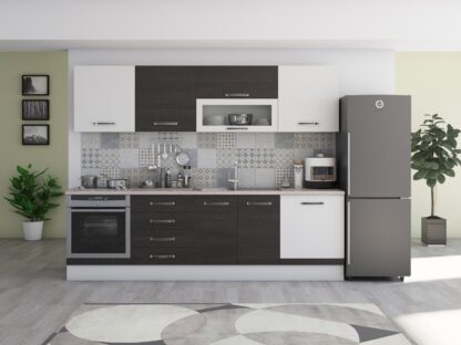Bucatarie Alfa 260, cu vitrina, wenge/alb, blat termic travertin - imagine 2