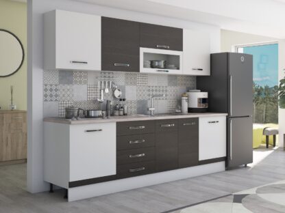 Bucatarie Alfa 260, cu vitrina, wenge/alb, blat termic travertin - imagine 3