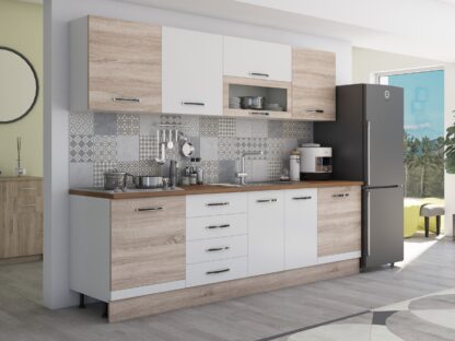 Bucatarie Alfa 260, cu vitrina, alb/sonoma, blat termic nuc - imagine 3