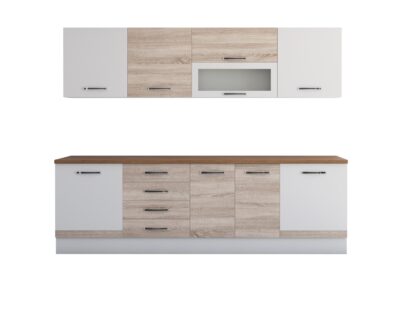 Bucatarie Alfa 260, cu vitrina, sonoma/alb, blat termic nuc - imagine 7