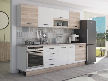 Bucatarie Alfa 260, cu vitrina, alb/sonoma, blat termic travertin - imagine 4