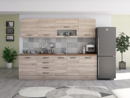 Bucatarie Alfa 260, cu vitrina, sonoma, blat termic nuc