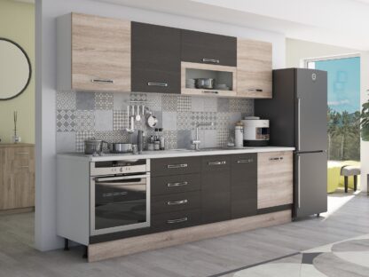Bucatarie Alfa 260, cu vitrina, wenge/sonoma, blat termic alb - imagine 6