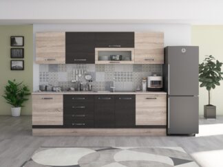 Bucatarie Alfa 260, cu vitrina, wenge/sonoma, blat termic travertin