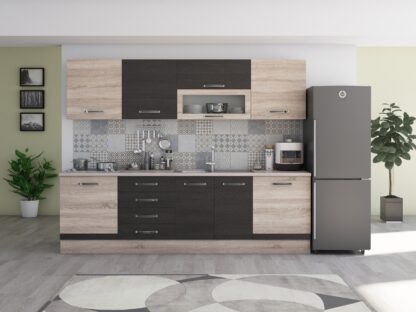 Bucatarie Alfa 260, cu vitrina, wenge/sonoma, blat termic travertin