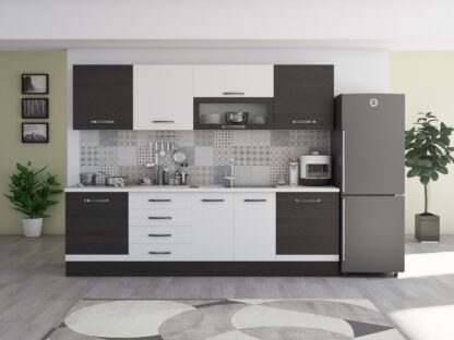Bucatarie Alfa 260, cu vitrina, alb/wenge, blat termic alb