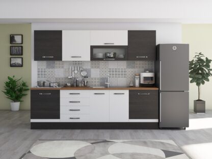 Bucatarie Alfa 260, cu vitrina, alb/wenge, blat termic nuc