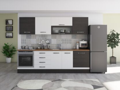 Bucatarie Alfa 260, cu vitrina, alb/wenge, blat termic nuc - imagine 2