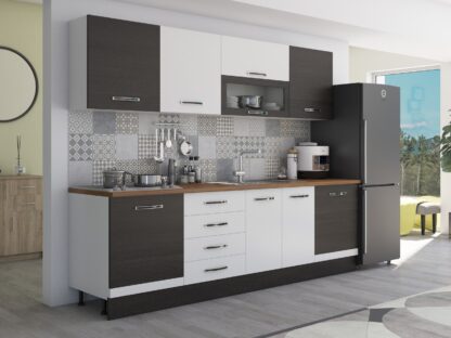Bucatarie Alfa 260, cu vitrina, alb/wenge, blat termic nuc - imagine 3