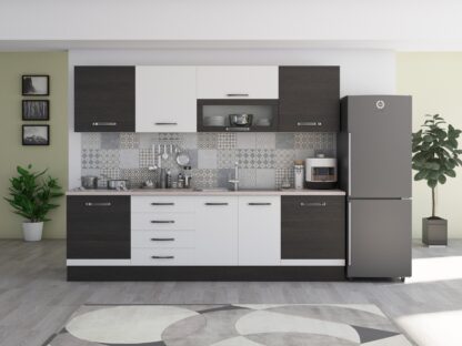 Bucatarie Alfa 260, cu vitrina, alb/wenge, blat termic travertin