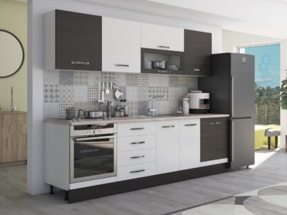 Bucatarie Alfa 260, cu vitrina, alb/wenge, blat termic travertin - imagine 4