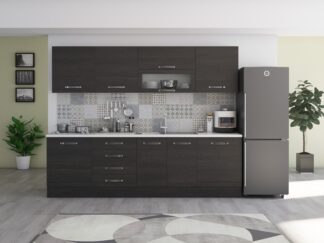 Bucatarie Alfa 260, cu vitrina, wenge, blat termic alb