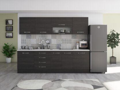 Bucatarie Alfa 260, cu vitrina, wenge, blat termic alb