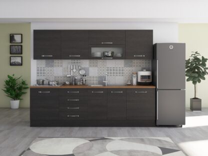 Bucatarie Alfa 260, cu vitrina, wenge, blat termic nuc