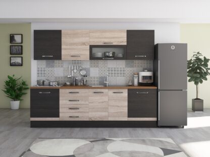 Bucatarie Alfa 260, cu vitrina, sonoma/wenge, blat termic nuc