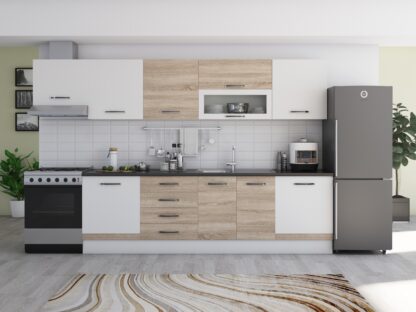 Bucatarie Alfa 320 cm, alb/sonoma, blat termic wenge, corp hota