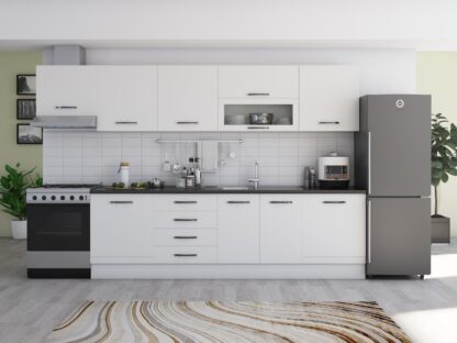 Bucatarie Alfa 320 cm, alb, blat termic wenge, corp hota