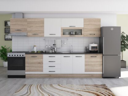 Bucatarie Alfa 320 cm, sonoma/alb, blat termic wenge, corp hota