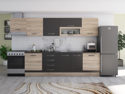 Bucatarie Alfa 320 cm, sonoma/wenge, blat termic wenge, corp hota