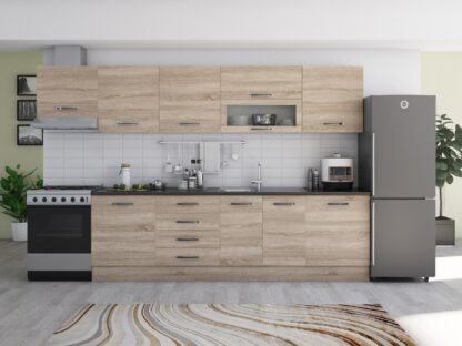 Bucatarie Alfa 320 cm, sonoma, blat termic wenge, corp hota