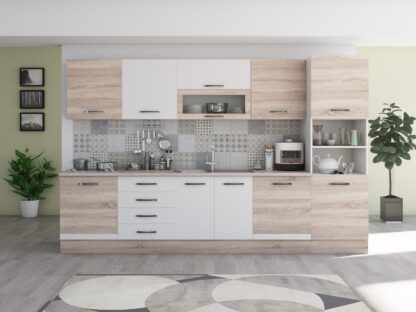 Bucatarie Alfa 320, alb/sonoma, blat termic travertin, corp pentru cuptor incorporabil