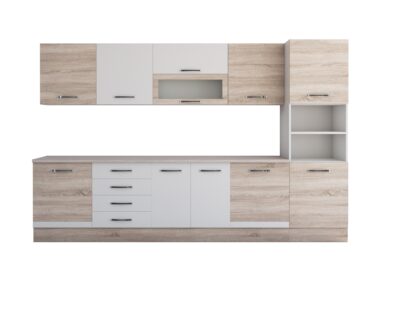 Bucatarie Alfa 320, alb/sonoma, blat termic travertin, corp pentru cuptor incorporabil - imagine 7