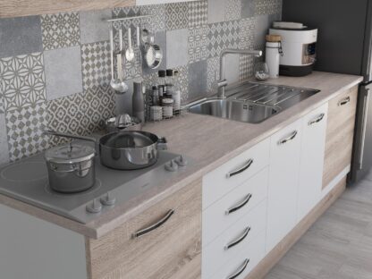 Bucatarie Alfa 320, alb/sonoma, blat termic travertin, corp pentru cuptor incorporabil - imagine 6