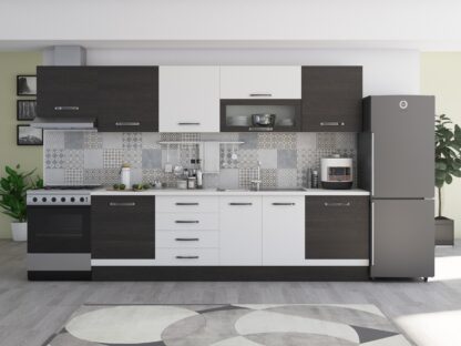 Bucatarie Alfa 320, alb/wenge, blat termic alb, corp hota