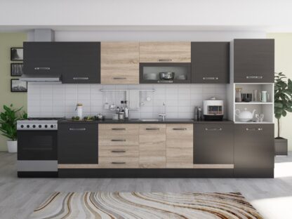 Bucatarie Alfa 380 cm, wenge/sonoma, blat termic wenge, corp hota, soldat