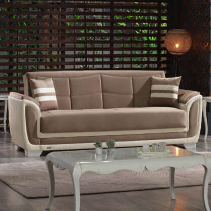 Canapea Sophia cu 3 locuri, 238x85x93 cm, culoare crem/maro (Neon 83), material stofa + piele ecologica