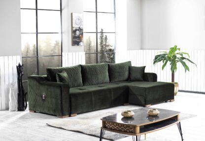 Coltar Prada, verde, 270x150x90 cm, extensibil cu lada