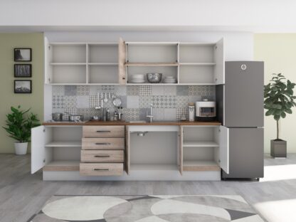 Bucatarie Alfa 260, cu vitrina, sonoma/alb, blat termic nuc - imagine 6