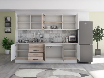 Bucatarie Alfa 260, cu vitrina, sonoma/alb, blat termic travertin - imagine 6