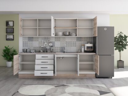 Bucatarie Alfa 260, cu vitrina, alb/sonoma, blat termic travertin - imagine 6