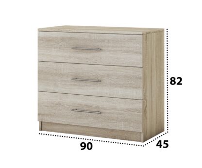 Dormitor Solano, Sonoma, Dulap 150 cm, Pat cu tablie tapitata camel 140×200 cm, 2 noptiere, comoda - imagine 11