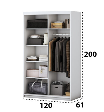 Dormitor Solano, Wenge, Dulap 120 cm, Alb, Pat cu tablie tapitata negru 160×200 cm, 2 noptiere, comoda - imagine 3