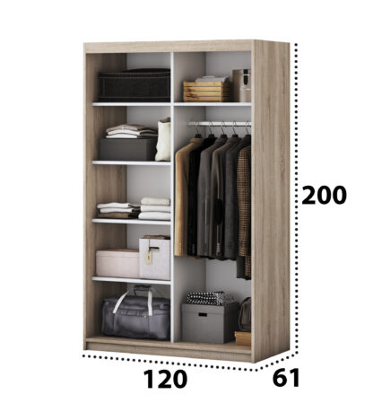 Dormitor Solano, Sonoma, Dulap 120 cm, Pat cu tablie tapitata negru 140×200 cm, 2 noptiere, comoda - imagine 6